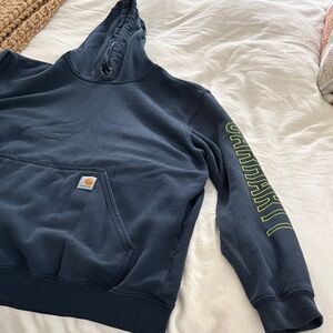 Carhartt Men's Dark Blue Hoodie with Yellow Accents